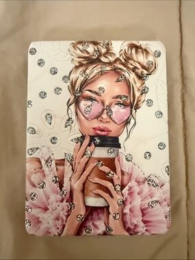Plane mirror and magnifying glass-girl with coffee